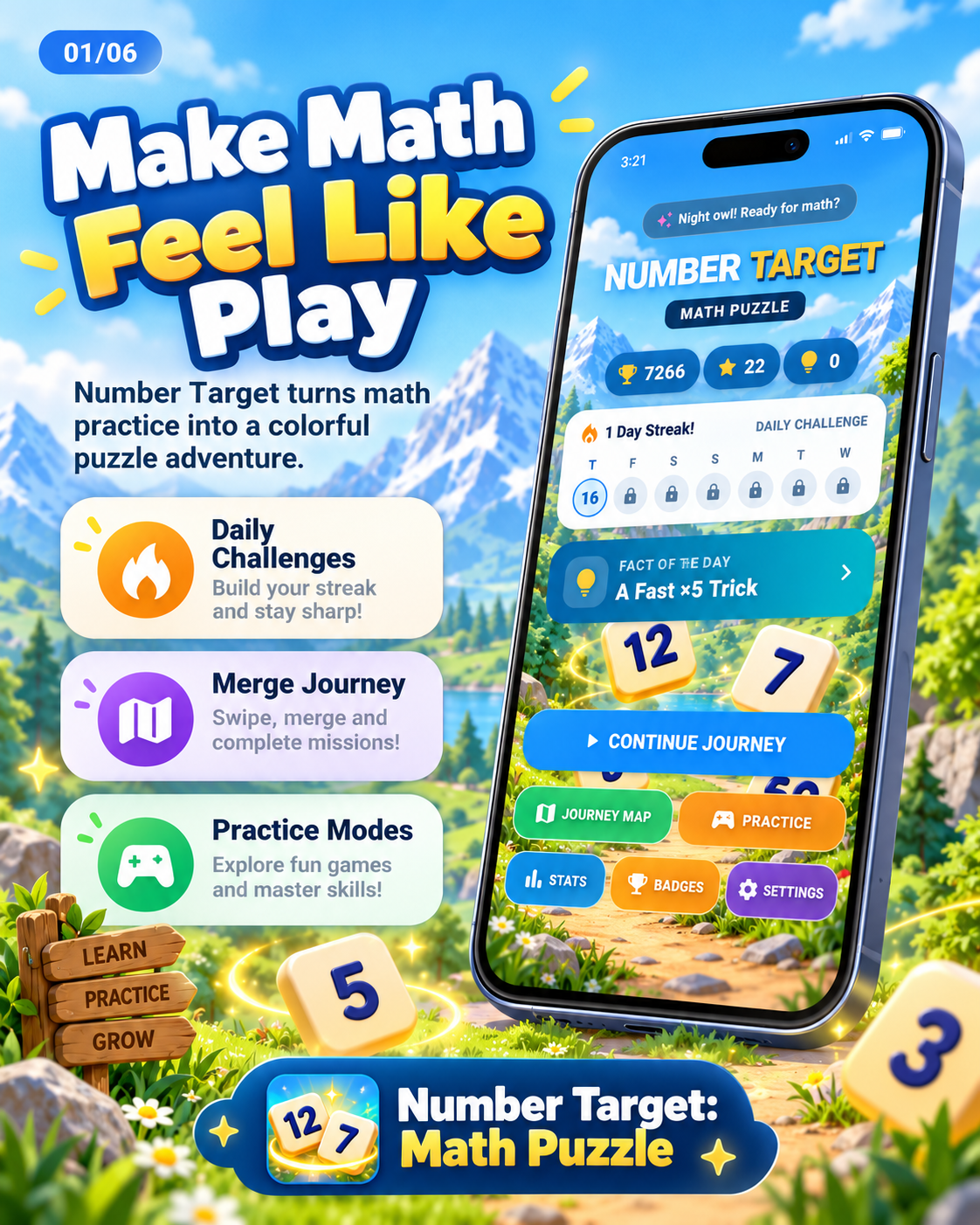 Number Target home screen with daily challenge, Merge Journey and practice modes