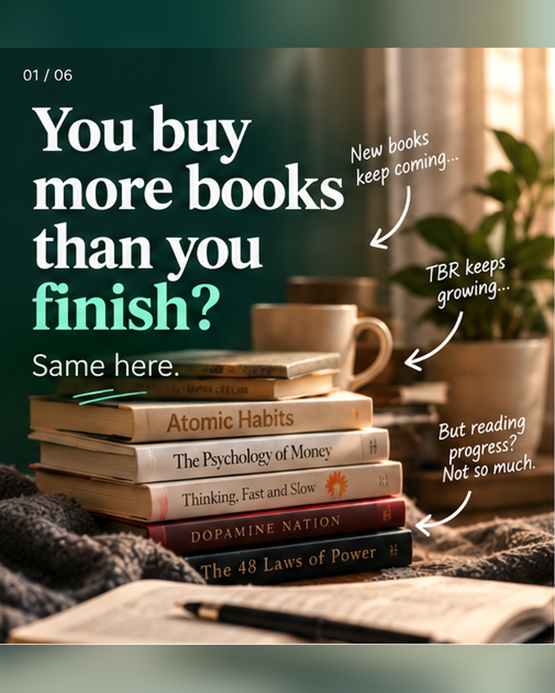 A growing stack of unread books introducing the reading problem ReadMeld helps solve