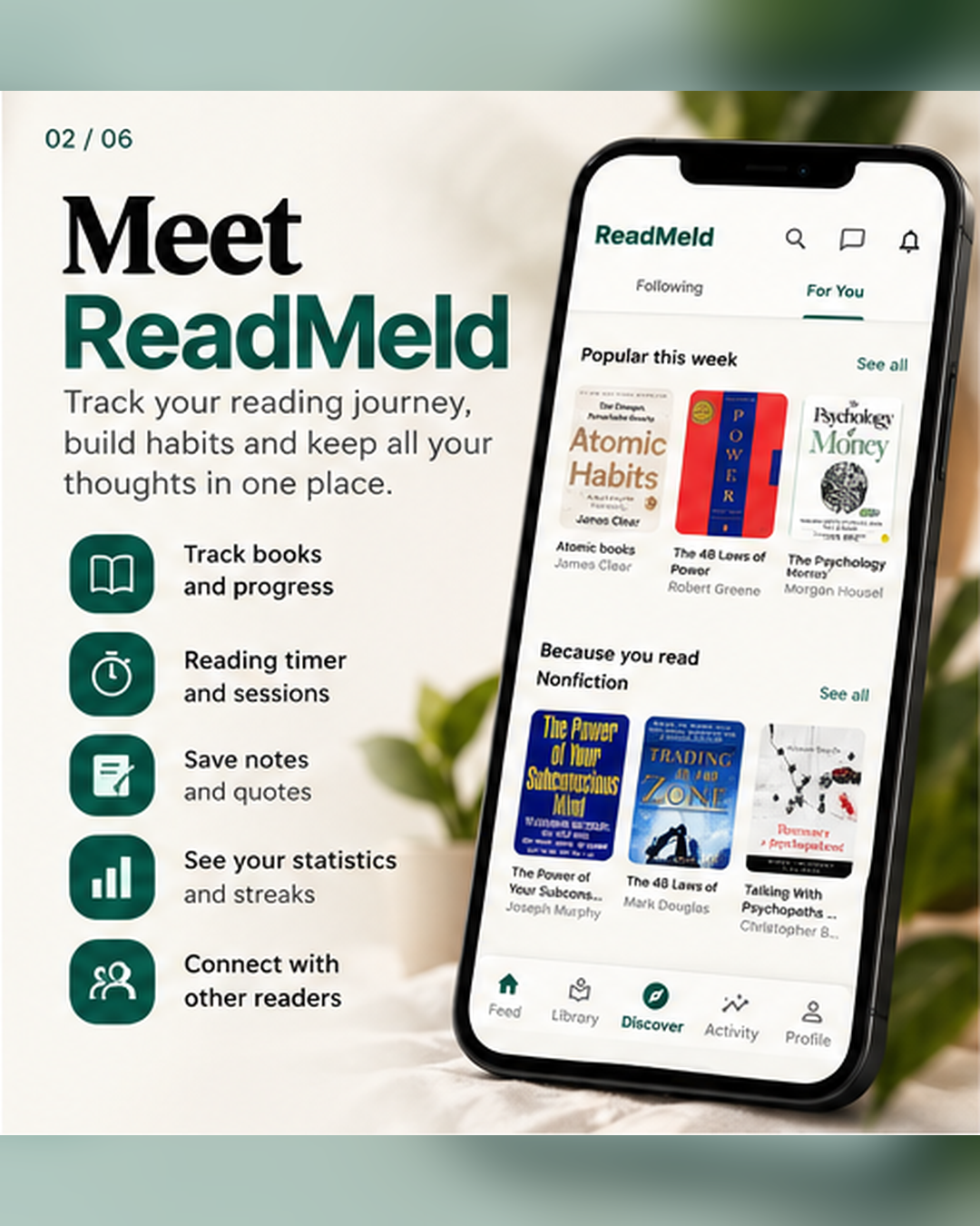 ReadMeld reading tracker with book discovery, library, statistics, notes and reader community
