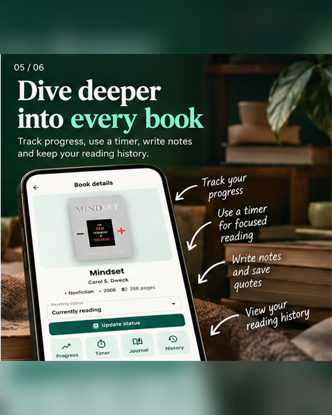 ReadMeld book details with progress tracking, reading timer, journal and history