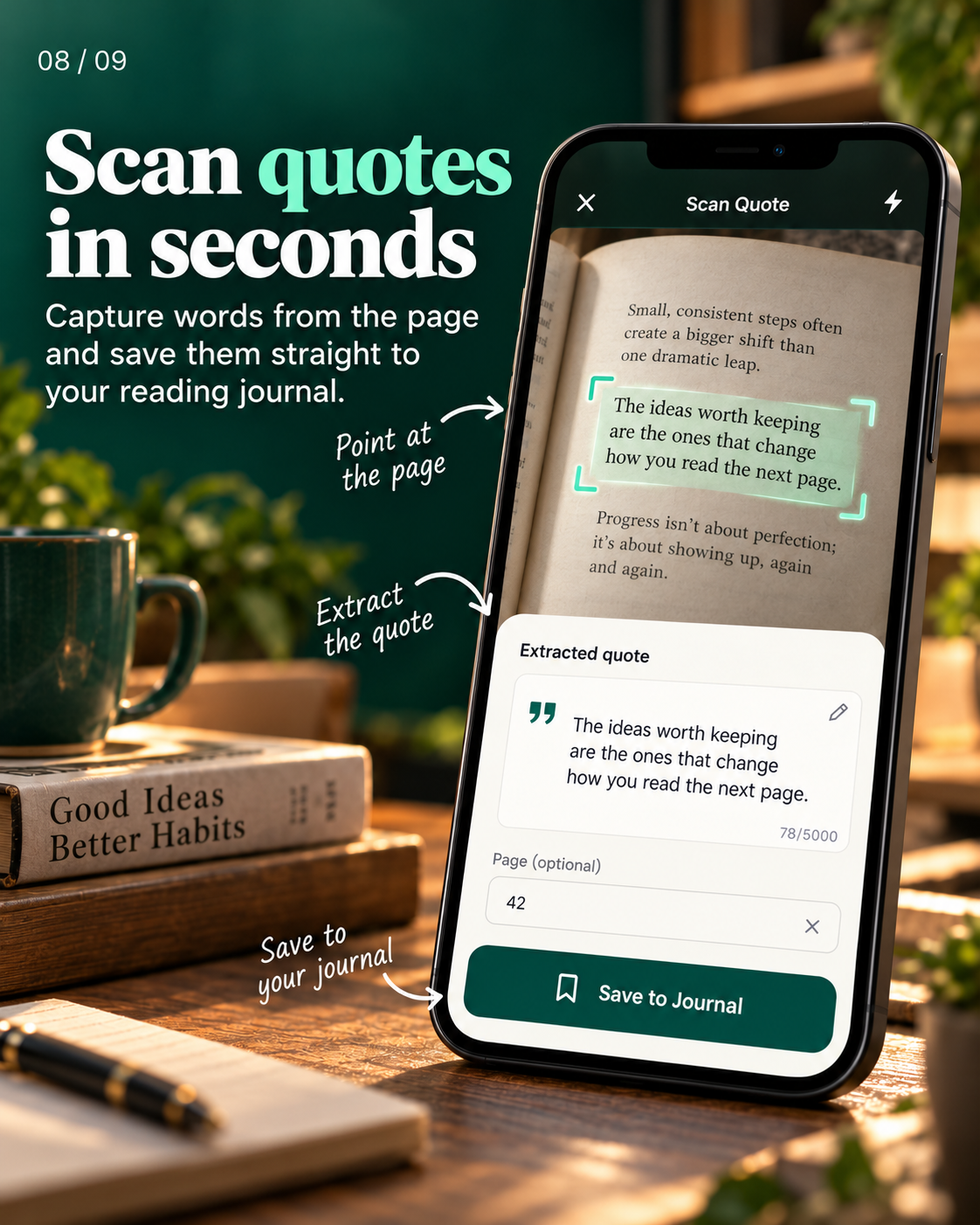 ReadMeld scanning a printed book quote and saving it to the reading journal
