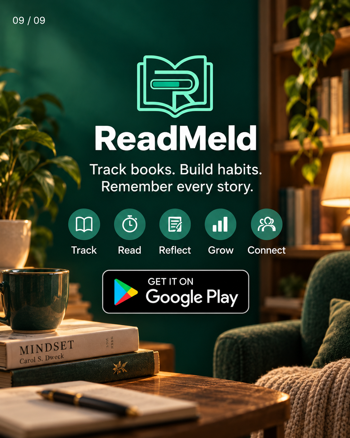 ReadMeld Android app for tracking books, reading habits, reflections, progress and reader connections